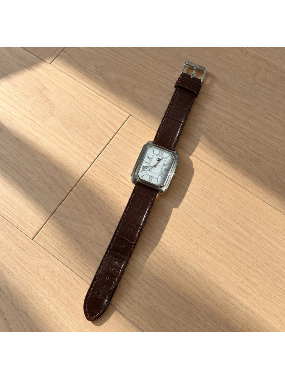 Vintage Tommy Hilfiger T10157 Tank Watch Brown Leather Strap Silver Dial